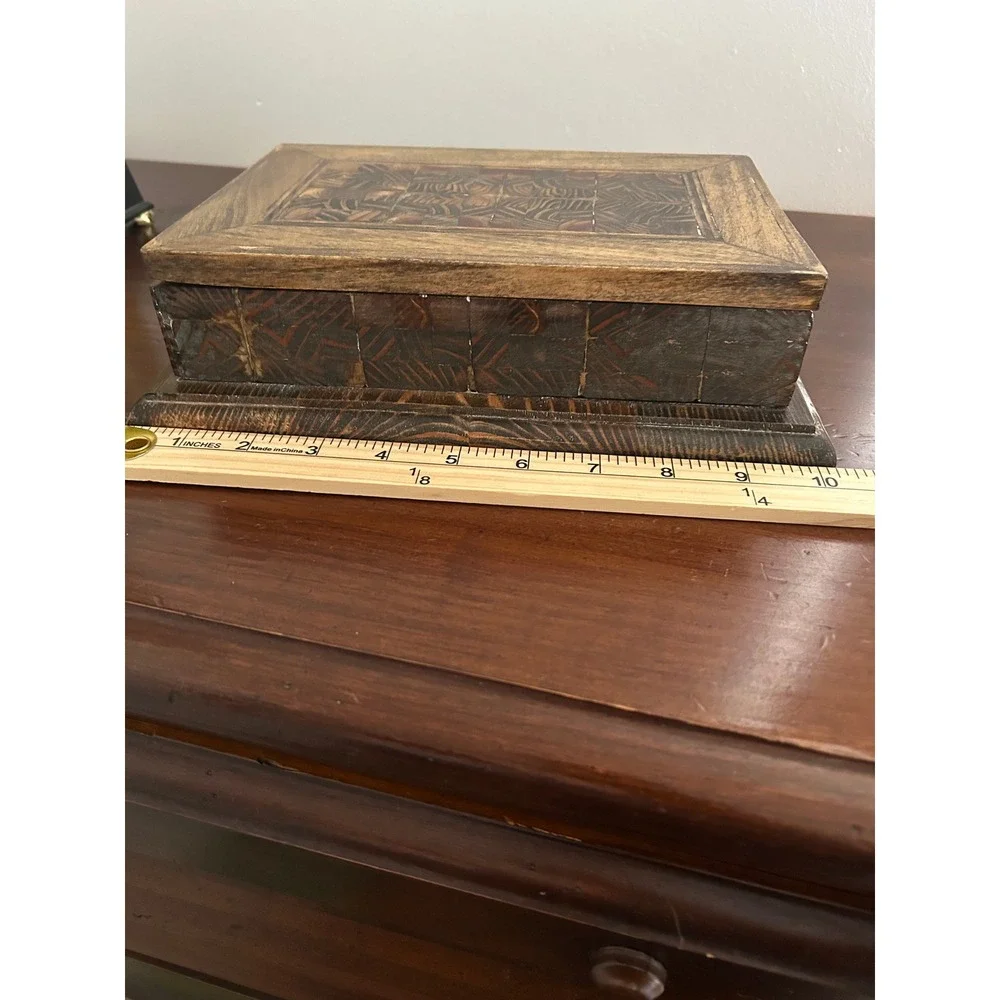 Vintage Wooden Jewelry Box Mirror Black Velvet Lining Handcrafted